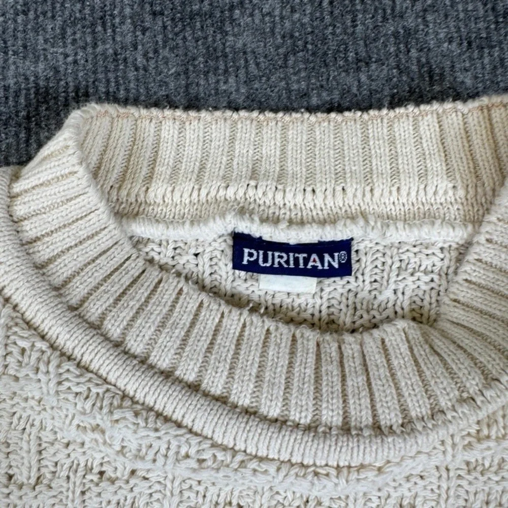 Puritan Mens Cream Basketweave Knit Crewneck Sweater Off White L